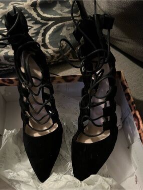 Black Lace-Up Pointed-Toe Women's Heels